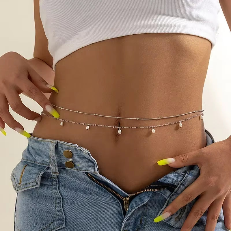 New Fashion Sexy Double Layer Pearl Chain for Women Waist Bead Belly Chain Belly Belt Summer Beach Body Jewelry Festival Gifts